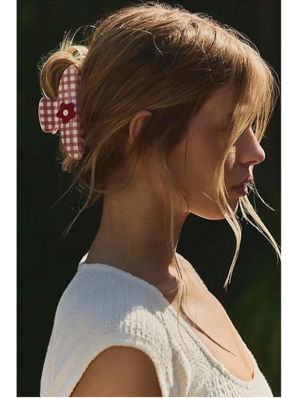 Free People Larson Jumbo Claw Clip Red White Gingham Flower Appliqué NEW NWT
